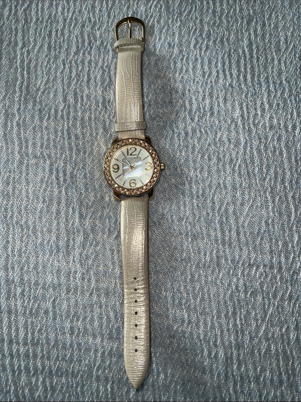 Chico's Silver Leather Strap Watch with Crystal Bezel and Gold Accents